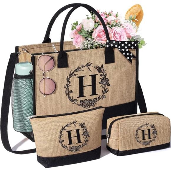 Personalized Gifts for Women Tote Bag, Initial Jute Tote Bag